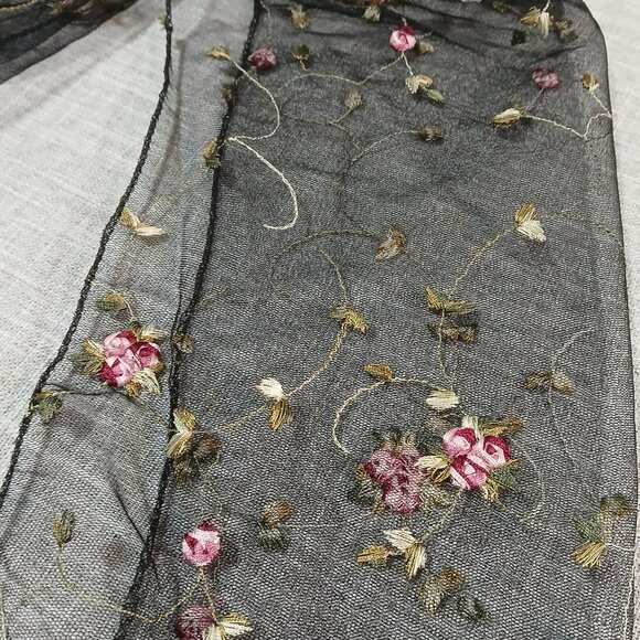 Black Tulle Pink Rose All Over Embroidery Scarf - Picture 3 of 7